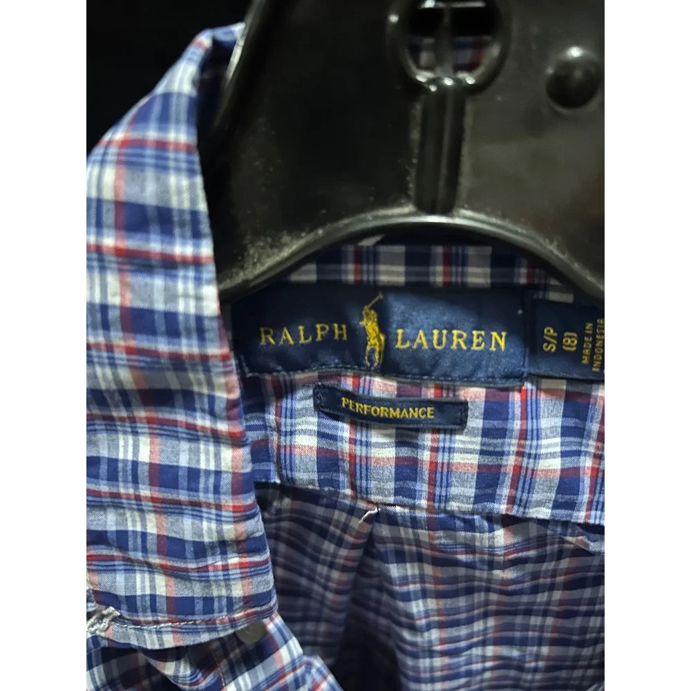 Ralph Lauren Performance Boys S/P 8 Navy Blue Red White Plaid‎ Button Down Shirt